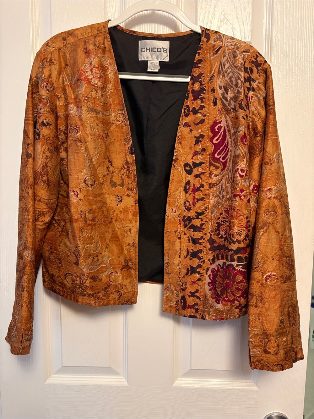 Chico's Burnt Orange Paisley-Accent Open Front Jacket